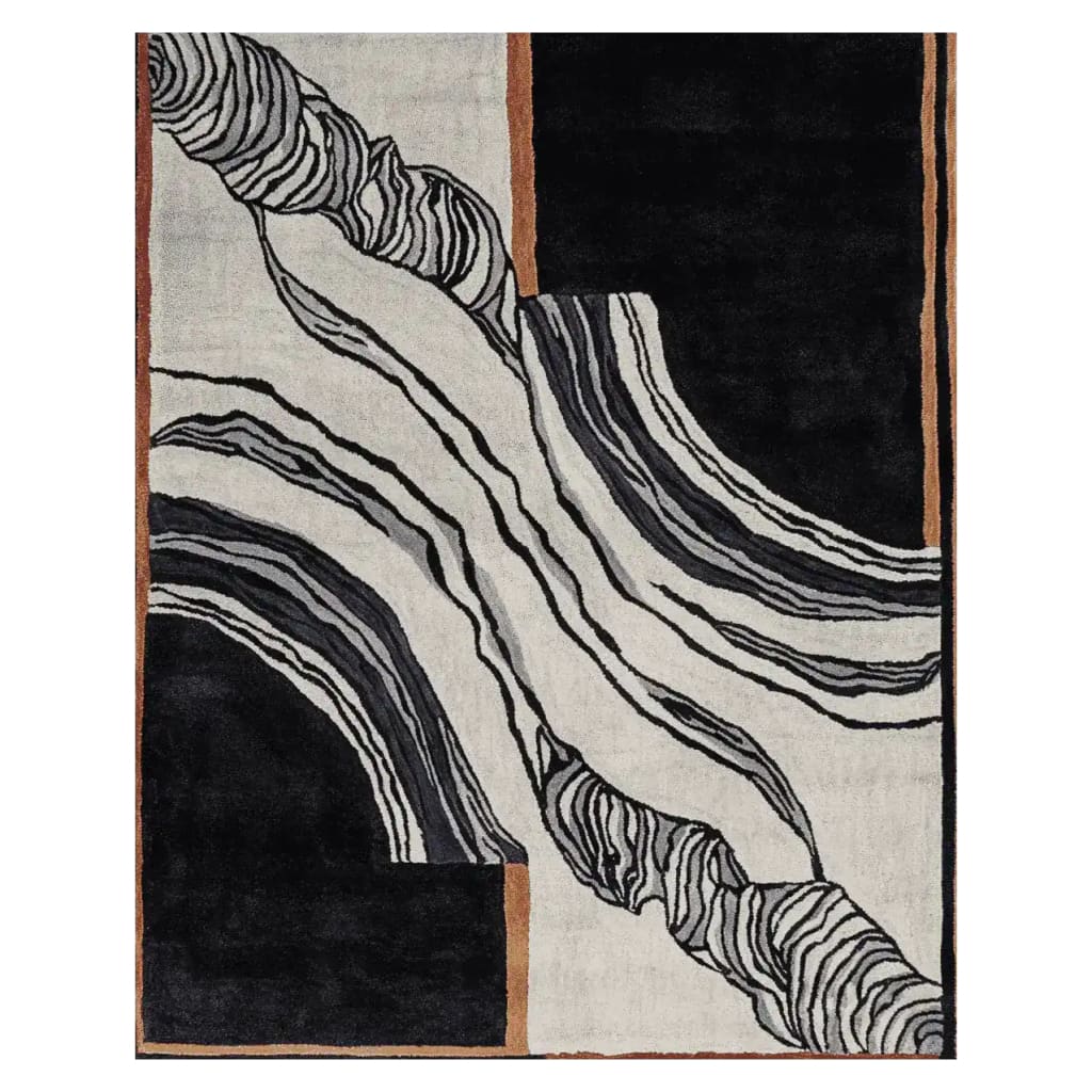 Top view of 'The Space Between Hand Tufted Rug', a beautiful area rug perfect for large living room spaces. This contemporary wool rug features an abstract design with flowing black and white patterns accented by earthy tones, ideal for living room rugs 8x10.