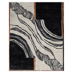 Top view of 'The Space Between Hand Tufted Rug', a beautiful area rug perfect for large living room spaces. This contemporary wool rug features an abstract design with flowing black and white patterns accented by earthy tones, ideal for living room rugs 8x10.