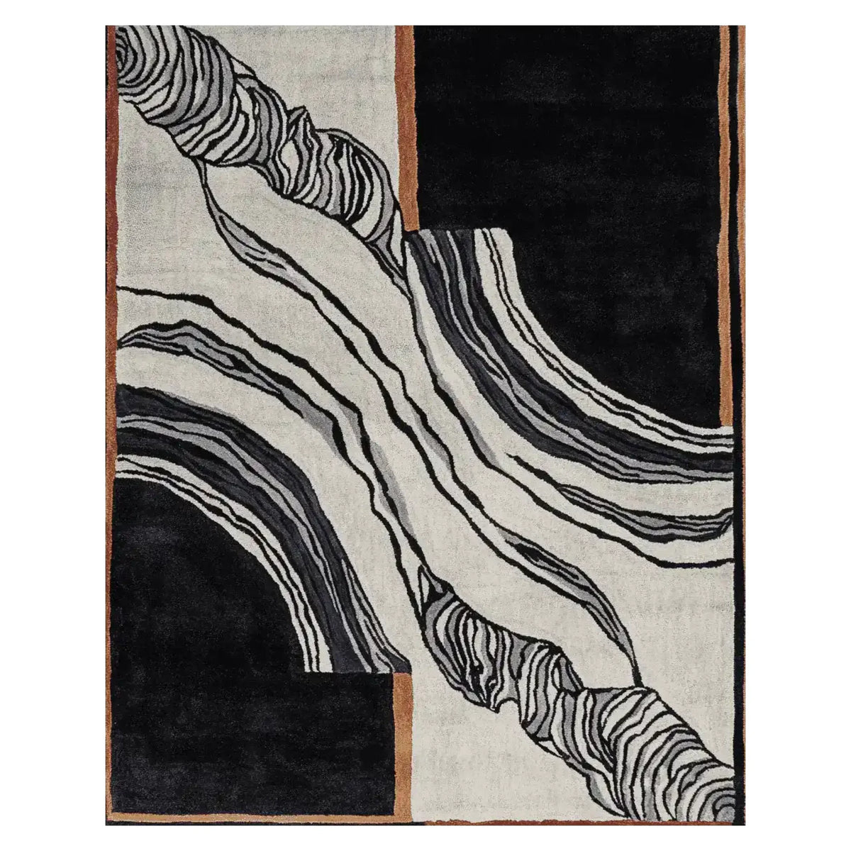 Top view of 'The Space Between Hand Tufted Rug', a beautiful area rug perfect for large living room spaces. This contemporary wool rug features an abstract design with flowing black and white patterns accented by earthy tones, ideal for living room rugs 8x10.