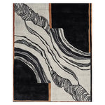 Top view of 'The Space Between Hand Tufted Rug', a beautiful area rug perfect for large living room spaces. This contemporary wool rug features an abstract design with flowing black and white patterns accented by earthy tones, ideal for living room rugs 8x10.