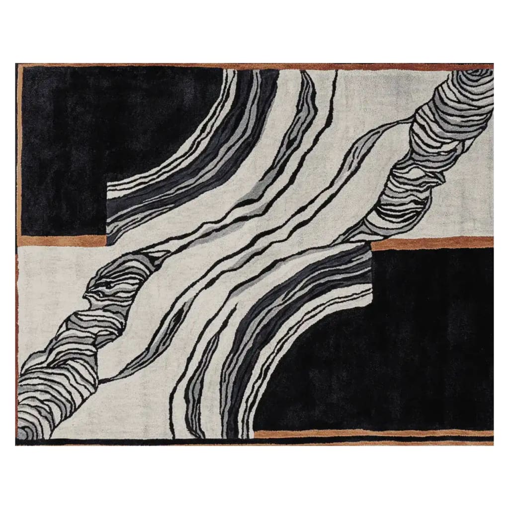 A contemporary hand-tufted area rug featuring an abstract black and white design with bold lines and organic shapes. Perfect for a large living room, this 8x10 wool rug adds a modern touch to any space.