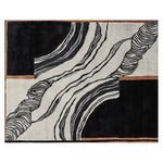 A contemporary hand-tufted area rug featuring an abstract black and white design with bold lines and organic shapes. Perfect for a large living room, this 8x10 wool rug adds a modern touch to any space.
