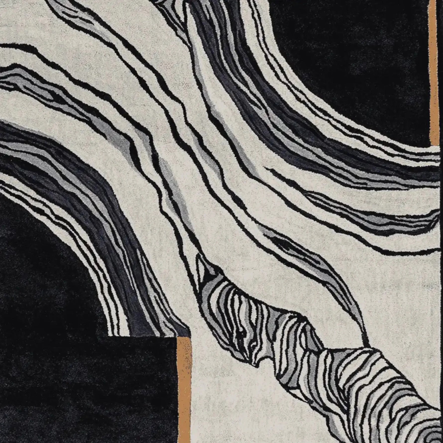 This image showcases 'The Space Between Hand Tufted Rug', a contemporary area rug perfect for large living rooms. The design features bold, abstract patterns in black, white, and gray, ideal for adding a modern touch to your space. Crafted from wool, this 8x10 rug combines style and durability.