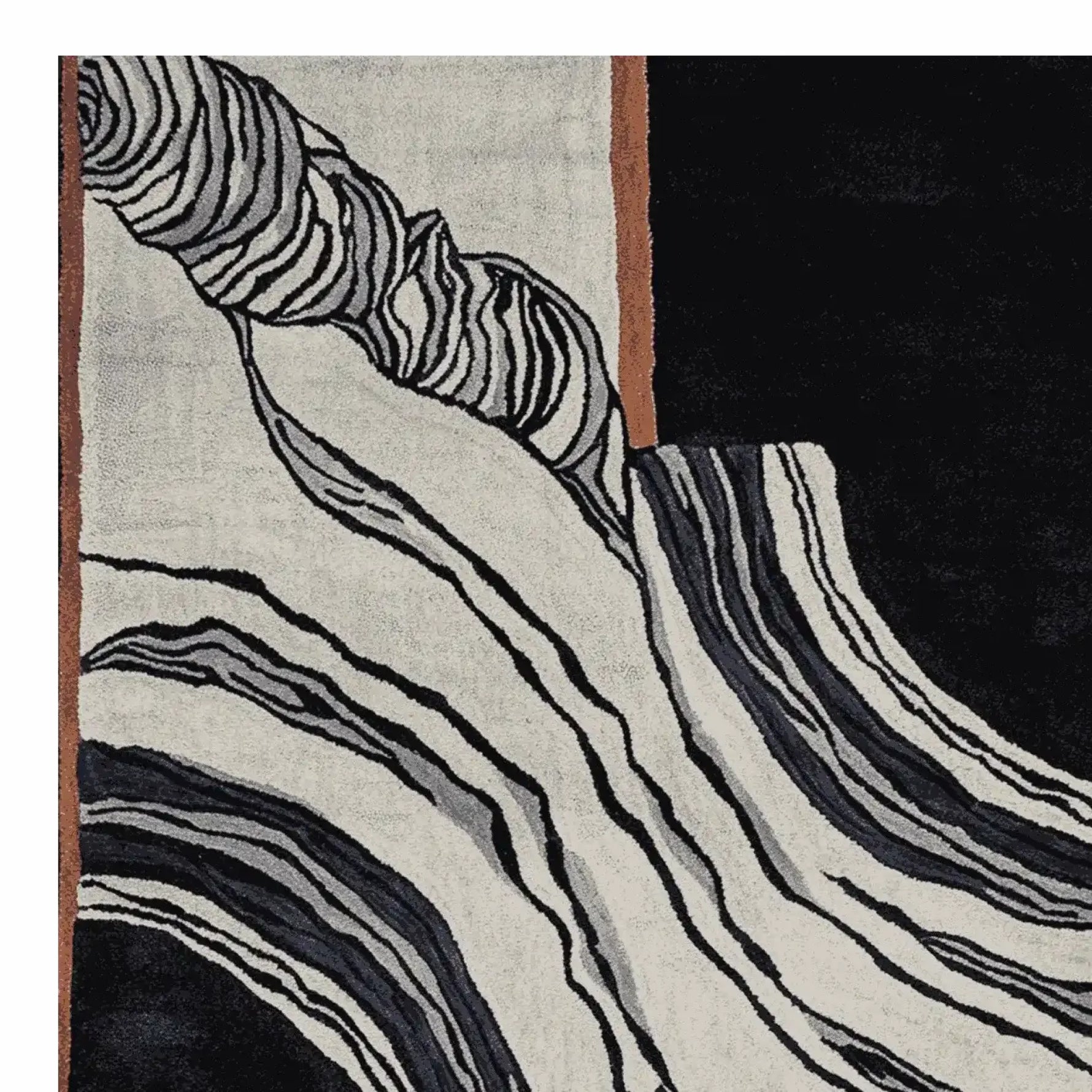 A contemporary area rug featuring a bold abstract design with swirling black and white lines, perfect for large living rooms. This hand-tufted wool rug, sized ideally for 8x10 spaces, adds a modern touch to any home decor.