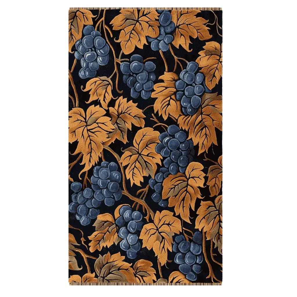 The Vineyard Bloom Hand Tufted Rug showcases a vibrant design of grape clusters and leaves in rich blue and gold tones against a dark background, perfect for adding a touch of elegance to large living room spaces. This vintage wool area rug combines intricate detailing with a luxurious feel.