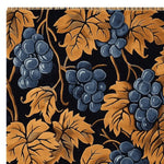 The Vineyard Bloom Hand Tufted Rug showcases a stunning design of blue grapes and golden leaves on a dark background. This area rug adds a touch of vintage elegance to any large living room. Made from premium wool, this exquisite wool rug combines durability with timeless style.