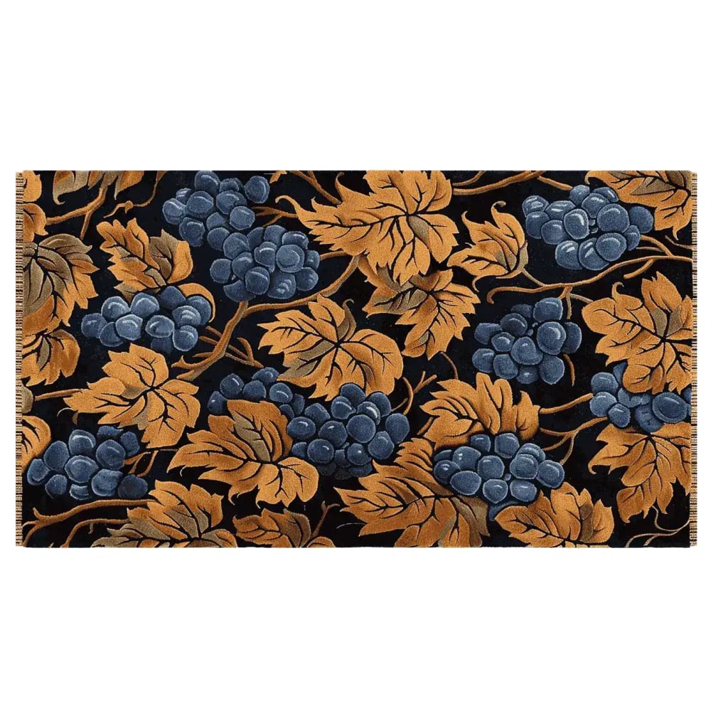 The Vineyard Bloom Hand Tufted Area Rug features a stunning vintage design with deep blue grape clusters and rich golden leaves against a dark backdrop. This wool rug is perfect for adding a touch of elegance to large living room spaces.