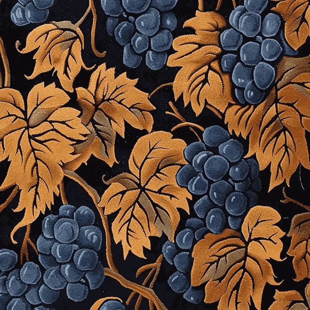 The Vineyard Bloom Hand Tufted Rug showcases a rich, vintage design with clusters of blue grapes and golden-brown leaves. This wool area rug is perfect for adding elegance to large living rooms, combining traditional charm with modern craftsmanship.