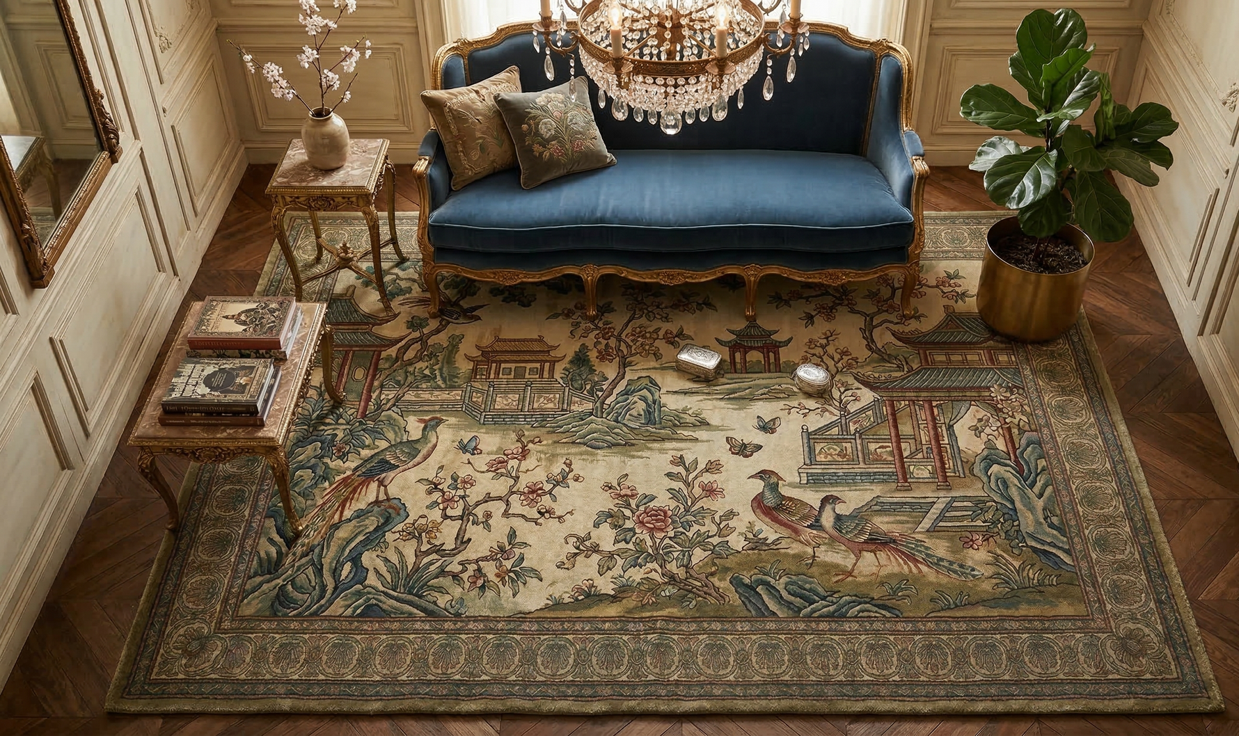 Decorative rug with intricate patterns in a room with a blue sofa and chandelier.