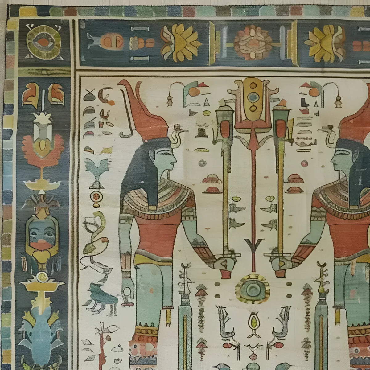 This exquisite Egyptian Elegance Hand Knotted Area Rug showcases intricate Egyptian motifs with vibrant colors, capturing the essence of vintage and Persian rugs. Perfect as a large living room rug, its detailed design adds a touch of historical elegance to any space.