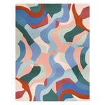 A vibrant and contemporary hand-tufted area rug with an abstract design in shades of blue, pink, green, and orange. Perfect for adding a modern touch to your living room, this wool rug is ideal for those seeking living room rugs 8x10 that blend art and comfort.