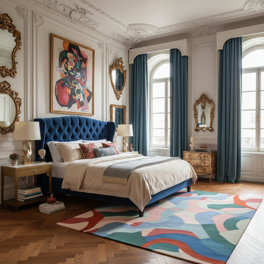 Luxurious bedroom with a blue upholstered bed, colorful rug, and ornate decor.