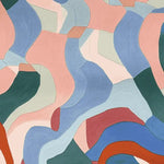 A vibrant, contemporary area rug featuring an abstract design with flowing curves in shades of blue, pink, green, and terracotta. This wool rug is perfect for adding a touch of modern artistry to living room spaces. Ideal for those seeking rugs for living room or living room rugs 8x10.