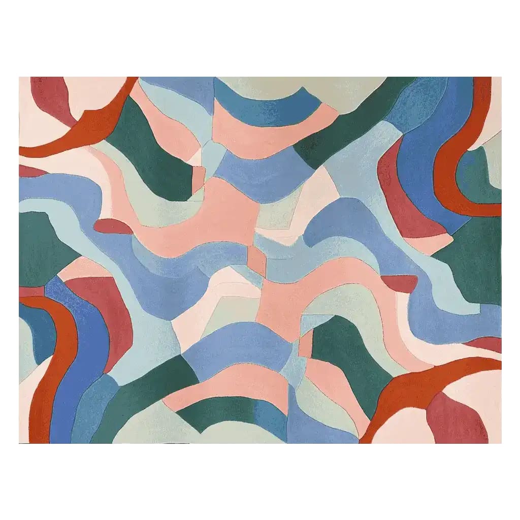 Vibrant abstract area rug featuring a colorful mix of blue, green, pink, and orange curves, perfect for contemporary living rooms. This hand-tufted wool rug, ideal as a centerpiece for living room rugs 8x10, adds a modern touch to any space.