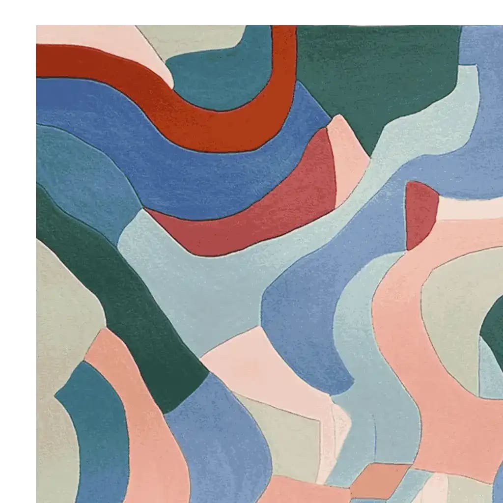 A vibrant and contemporary area rug with an abstract design featuring curved lines in shades of blue, red, and green. This wool rug is perfect for adding a modern touch to your living room. Ideal for those seeking stylish rugs for living room spaces, particularly in an 8x10 size.