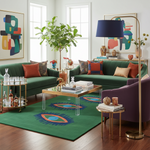 Modern living room with green sofas, a coffee table, and decorative items.
