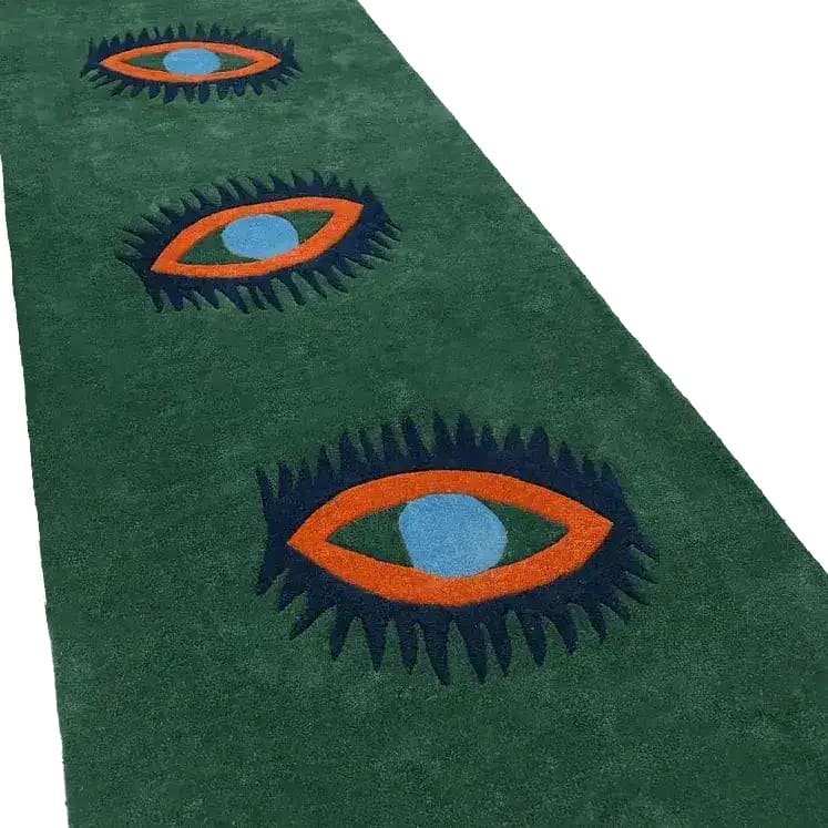 Stylish green wool area rug featuring three abstract eye designs, perfect as a dining table rug or a unique addition to your dining room. This tufted rug offers a vintage touch, suitable for kitchen rugs, bathroom runner rug, hallway runner rug, or as a statement piece in the bedroom.