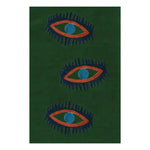 A vibrant green hand-tufted wool area rug featuring a unique design of three abstract eyes, ideal for adding a touch of intrigue to a dining room or as a kitchen rug. This vintage-inspired piece can also serve as a striking bathroom runner rug or a hallway runner rug, enhancing any bedroom with its bold aesthetic.