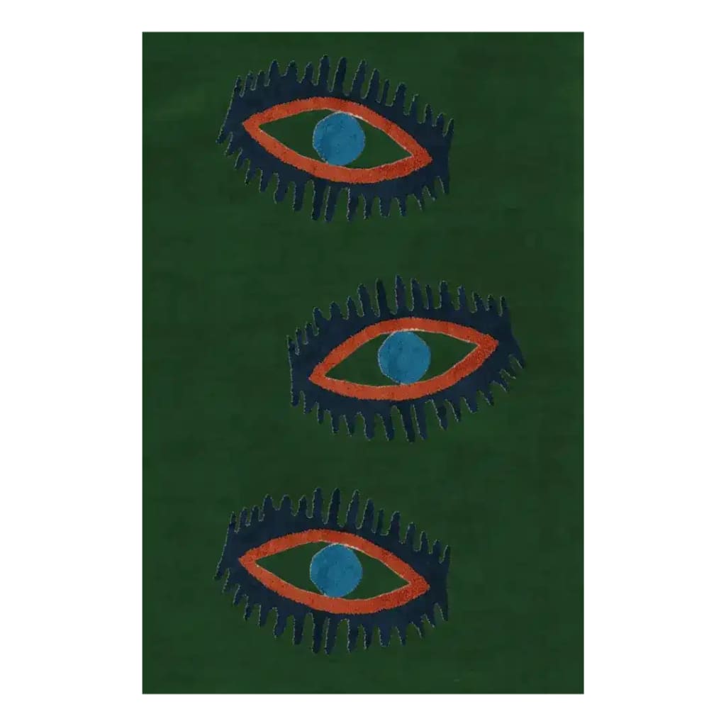 A vibrant green hand-tufted wool area rug featuring a unique design of three abstract eyes, ideal for adding a touch of intrigue to a dining room or as a kitchen rug. This vintage-inspired piece can also serve as a striking bathroom runner rug or a hallway runner rug, enhancing any bedroom with its bold aesthetic.