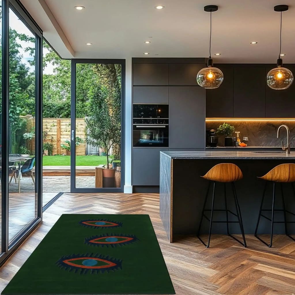 Modern kitchen featuring a Three Evil Eyes Green Hand Tufted Wool Rug. The area rug adds a contemporary flair to the kitchen setting, perfect as a kitchen runner rug or dining table rug. Its vintage design complements the sleek cabinetry and wooden flooring, making it ideal for a dining room or hallway runner rug.