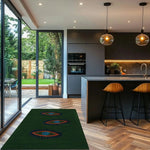 Modern kitchen featuring a Three Evil Eyes Green Hand Tufted Wool Rug. The area rug adds a contemporary flair to the kitchen setting, perfect as a kitchen runner rug or dining table rug. Its vintage design complements the sleek cabinetry and wooden flooring, making it ideal for a dining room or hallway runner rug.