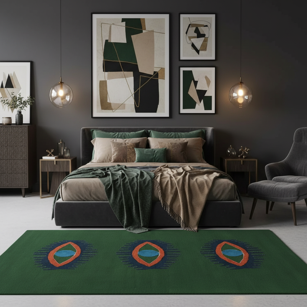 Modern bedroom with abstract art, a bed, and decorative green quirky handmade rug.