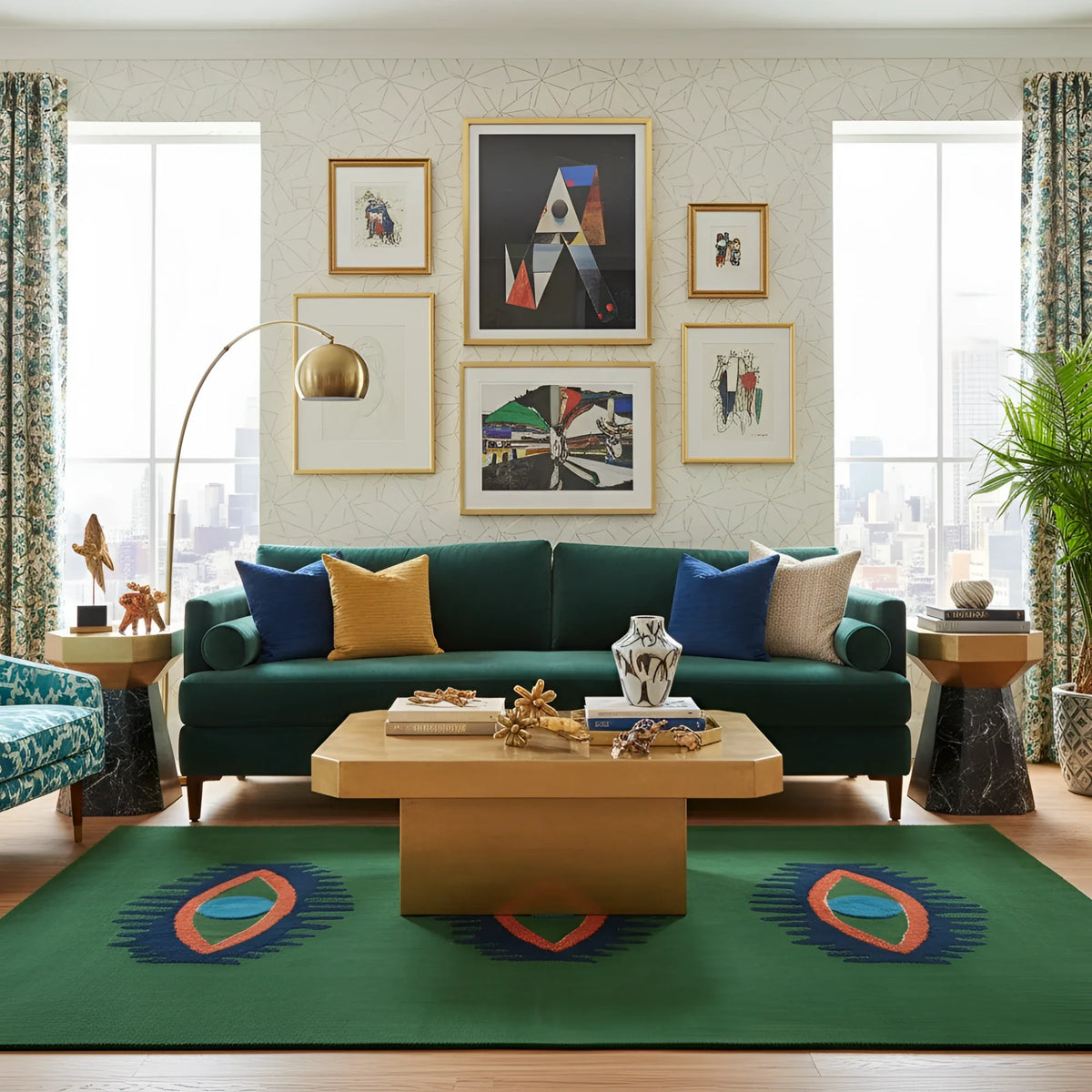 Living room with a green sofa, colorful quirky green rug, and abstract art on the wall.