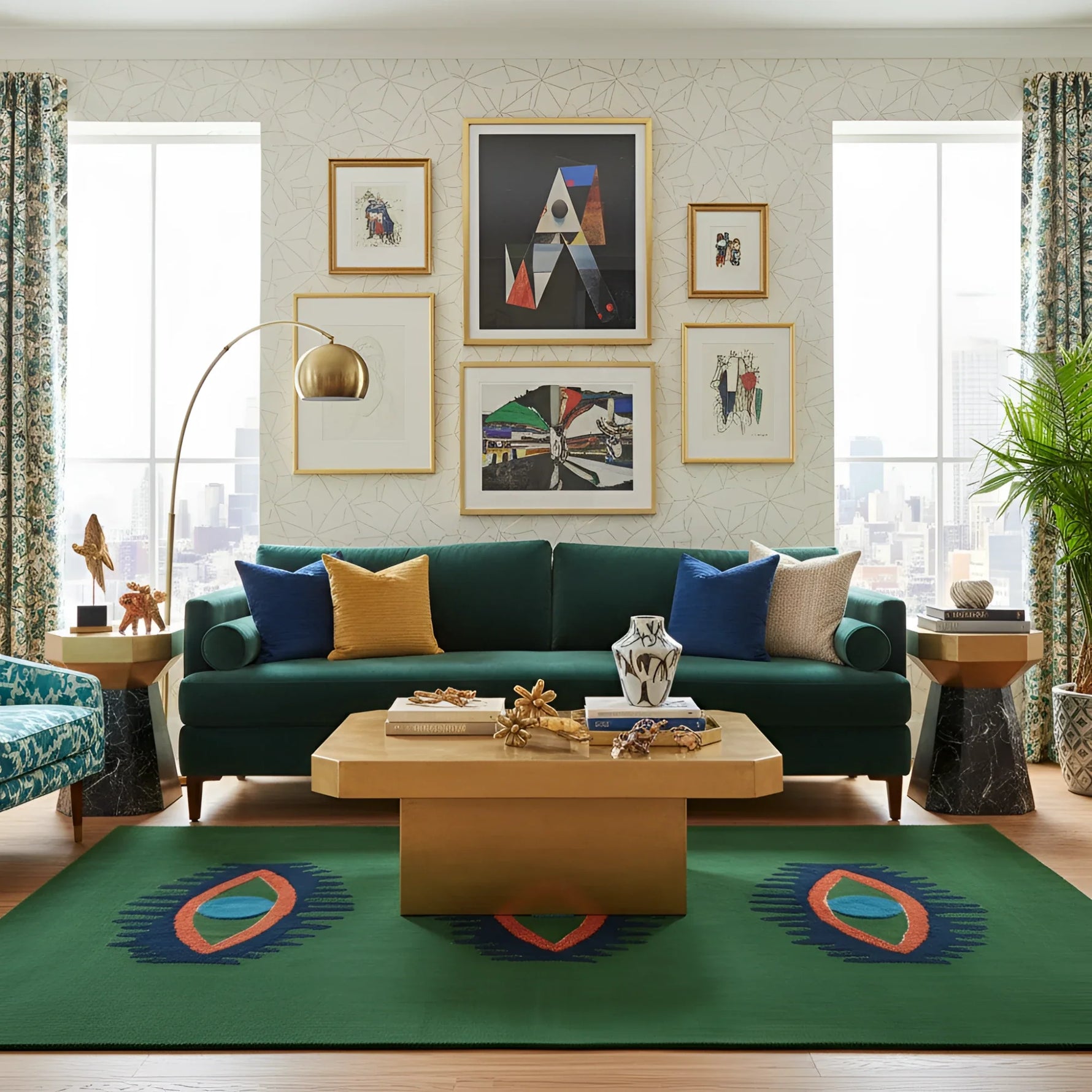 Living room with a green sofa, colorful quirky green rug, and abstract art on the wall.