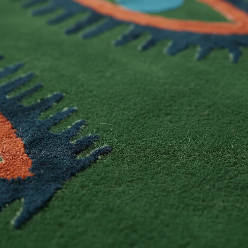 Close-up of a green textured rug with orange and blue patterns