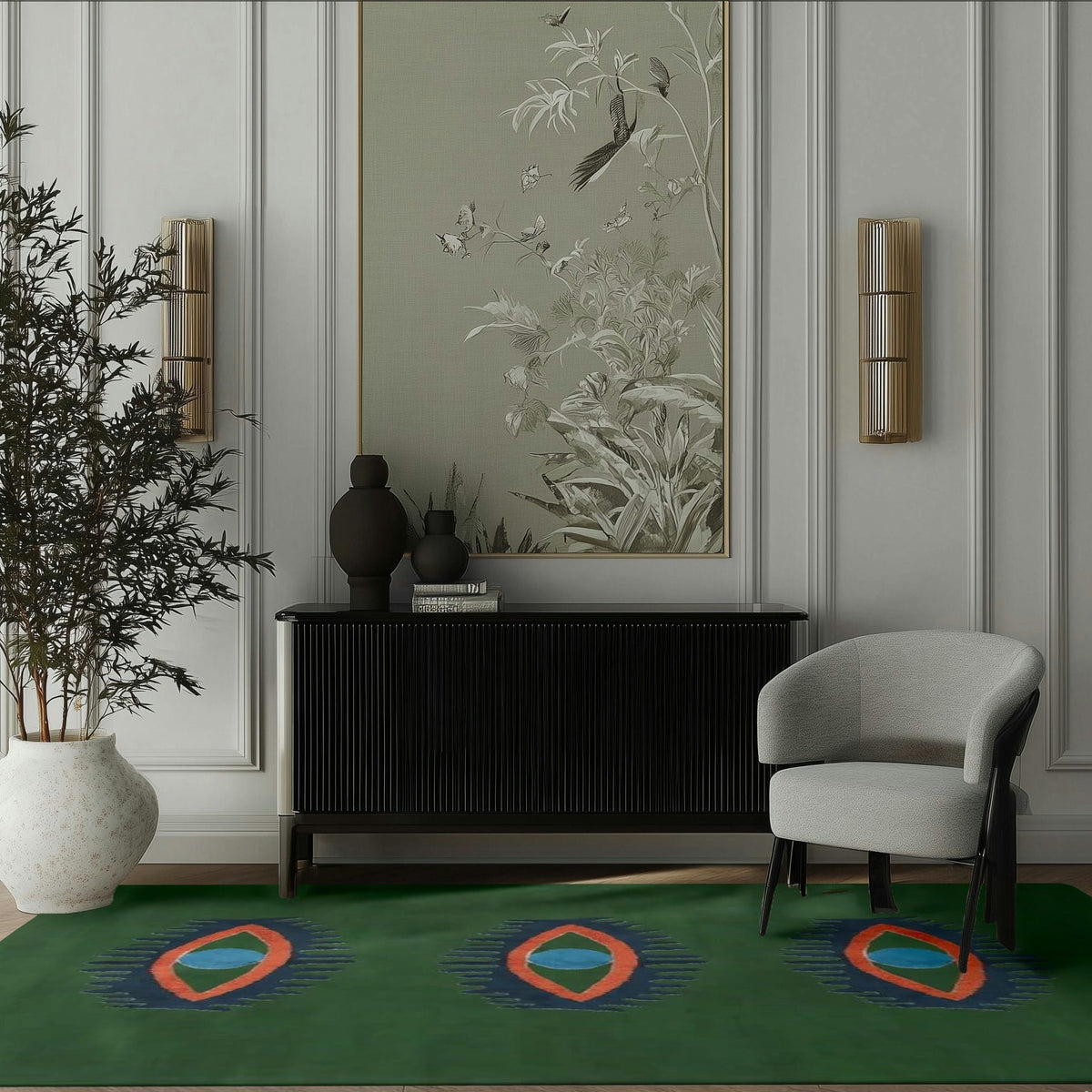 Modern interior with a green eye hand tufted rug, gray chair, black cabinet, and wall art.
