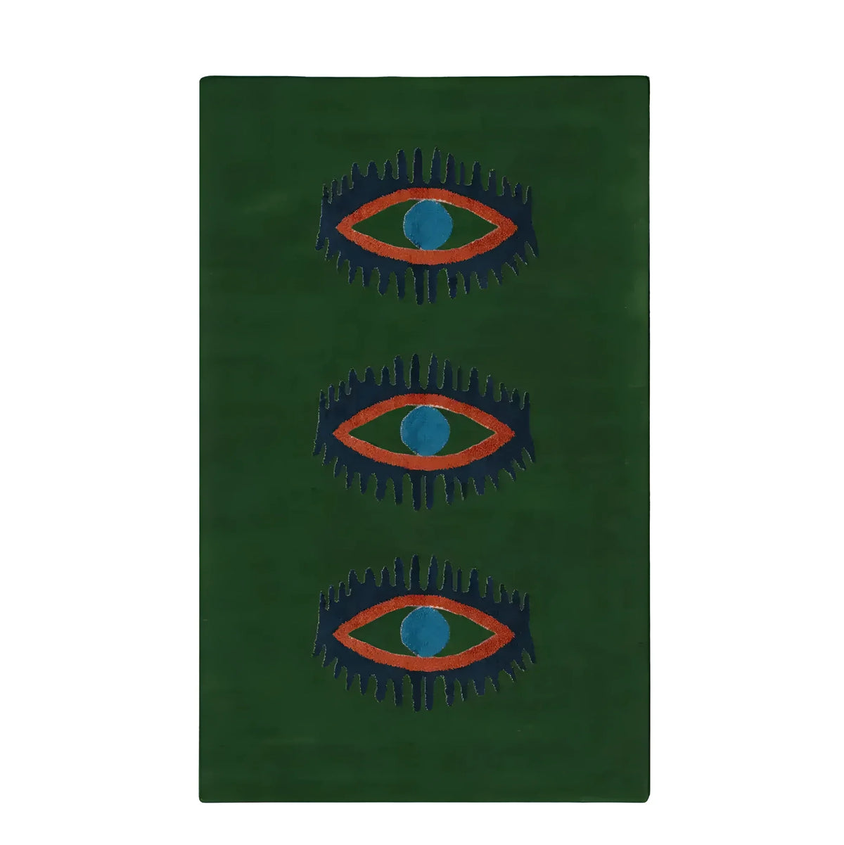 A vibrant green area rug featuring a unique design of three abstract blue and orange eyes. This hand-tufted wool rug adds a touch of vintage charm, perfect for enhancing spaces like kitchens, hallways, or bedrooms. Ideal as a bathroom runner rug or a stylish addition to any bedroom decor.