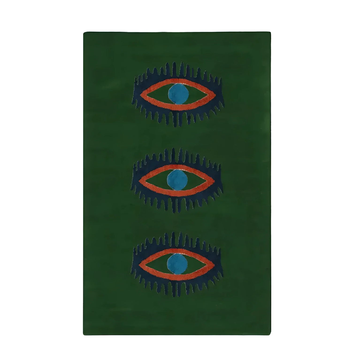 A vibrant green area rug featuring a unique design of three abstract blue and orange eyes. This hand-tufted wool rug adds a touch of vintage charm, perfect for enhancing spaces like kitchens, hallways, or bedrooms. Ideal as a bathroom runner rug or a stylish addition to any bedroom decor.