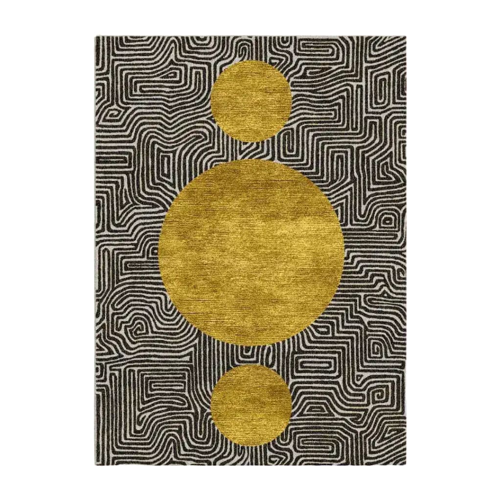 A stunning Three Golden Suns Maze Hand Tufted Wool Rug, perfect for adding a touch of elegance to any living room. This large area rug features an intricate black and white maze pattern with three striking golden circles, ideal for spaces requiring an 8x10 wool rug. A sophisticated choice for area rugs in the living room.