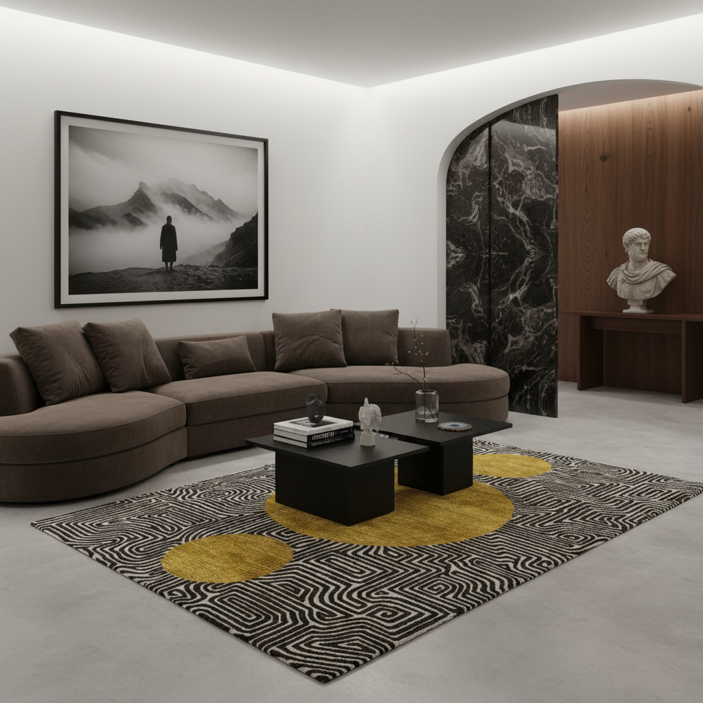 A modern living room featuring a curved brown sectional sofa, a black coffee table, a patterned rug with yellow and black abstract shapes, and a large black-and-white framed wall art piece depicting a lone figure in a mountain landscape.