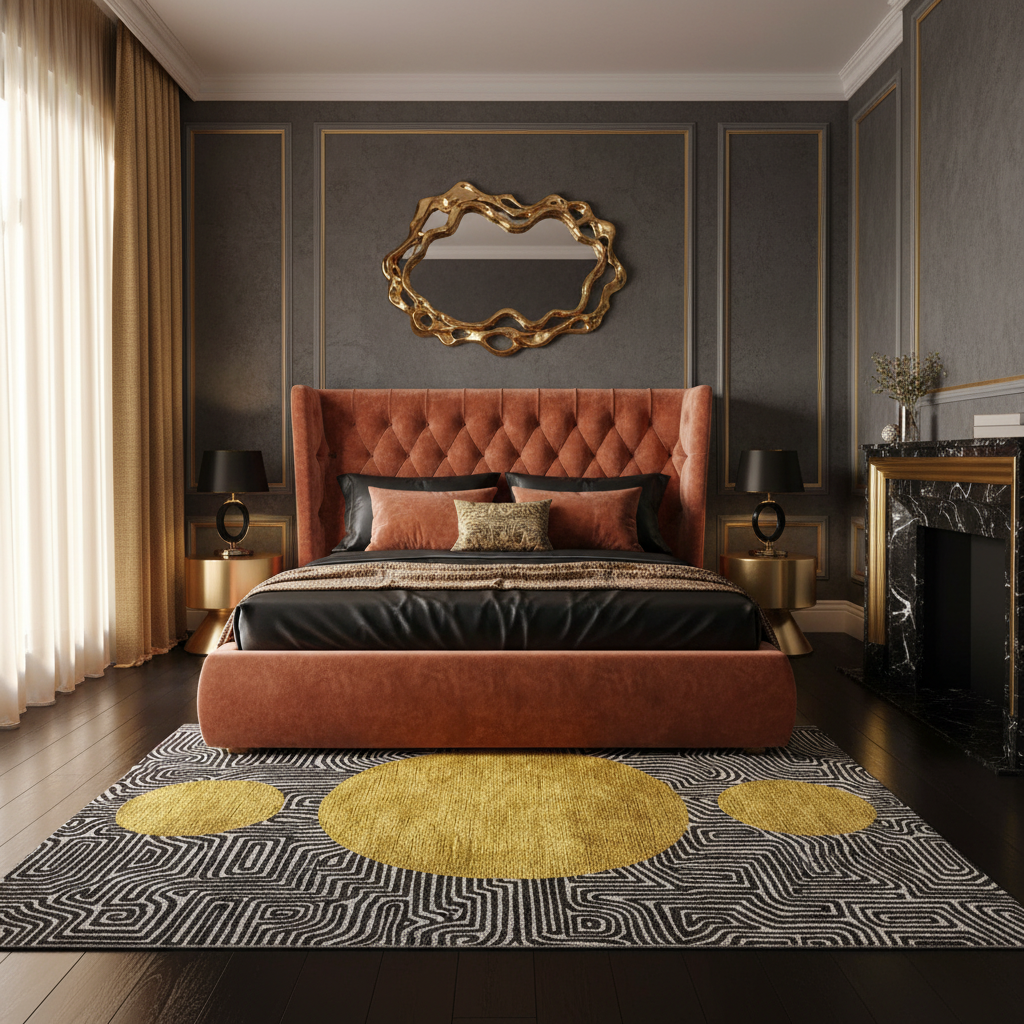 Luxurious bedroom with a red upholstered bed, gold mirror, and decorative rug.