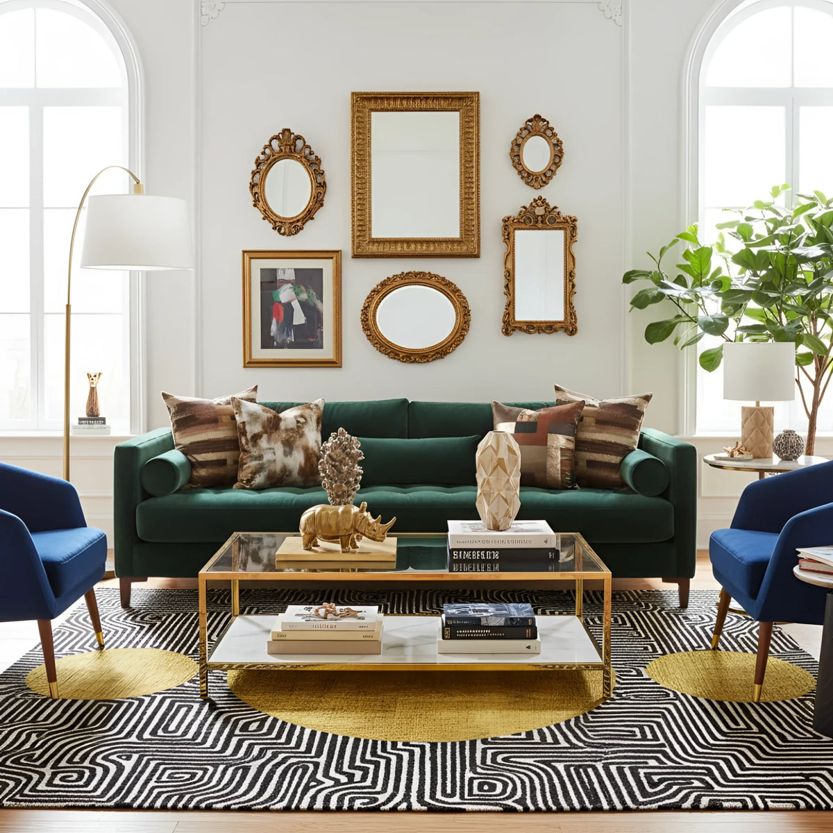 Modern living room with a green sofa, blue chairs, and decorative mirrors on the wall.