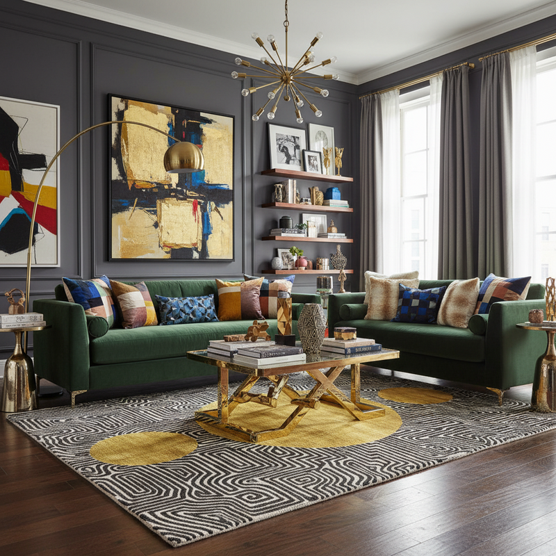 A hand-tufted wool rug featuring three golden suns and a black and white maze pattern lies on a dark wood floor in a modern