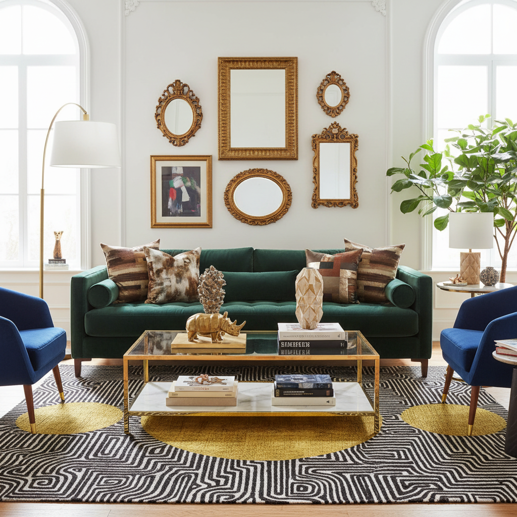 Modern living room with a green sofa, blue chairs, and decorative mirrors on the wall.