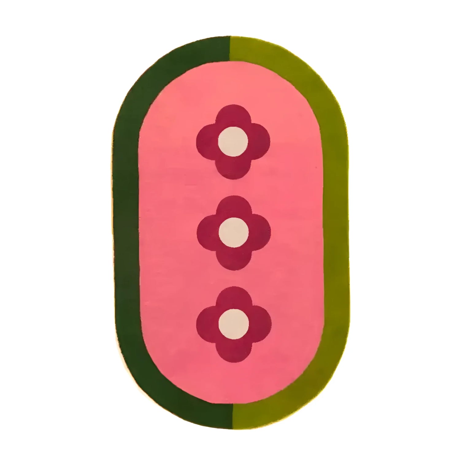 Top view of a hand-tufted wool rug featuring a design of three red flowers on a pink background, surrounded by a green border. This stylish area rug is perfect for adding a touch of elegance to your living room, making it a standout piece among living room area rugs.