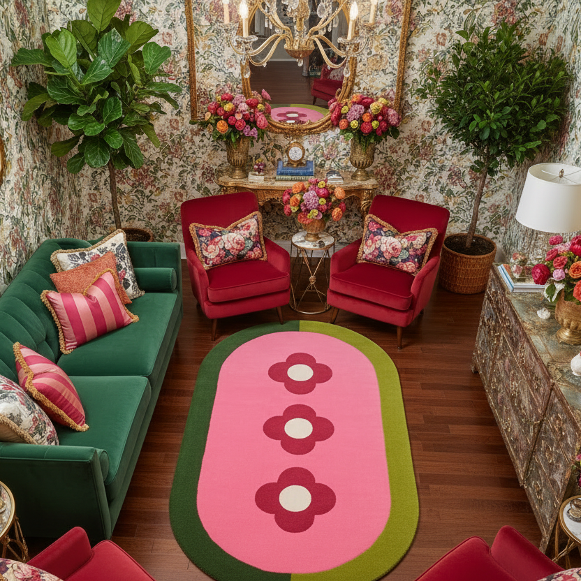 Three Red Flowers Hand Tufted Wool Rug