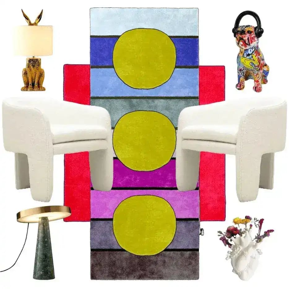 This vibrant area rug features a hand-tufted wool design with three abstract sun and rainbow motifs, perfect for adding a pop of color to any large living room. Flanked by two modern white chairs, the rug is a striking focal point in a contemporary setting. Ideal for those seeking large area rugs with a vintage flair, this wool rug seamlessly blends art and functionality, enhancing the aesthetic of living room spaces.