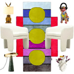 This vibrant area rug features a hand-tufted wool design with three abstract sun and rainbow motifs, perfect for adding a pop of color to any large living room. Flanked by two modern white chairs, the rug is a striking focal point in a contemporary setting. Ideal for those seeking large area rugs with a vintage flair, this wool rug seamlessly blends art and functionality, enhancing the aesthetic of living room spaces.