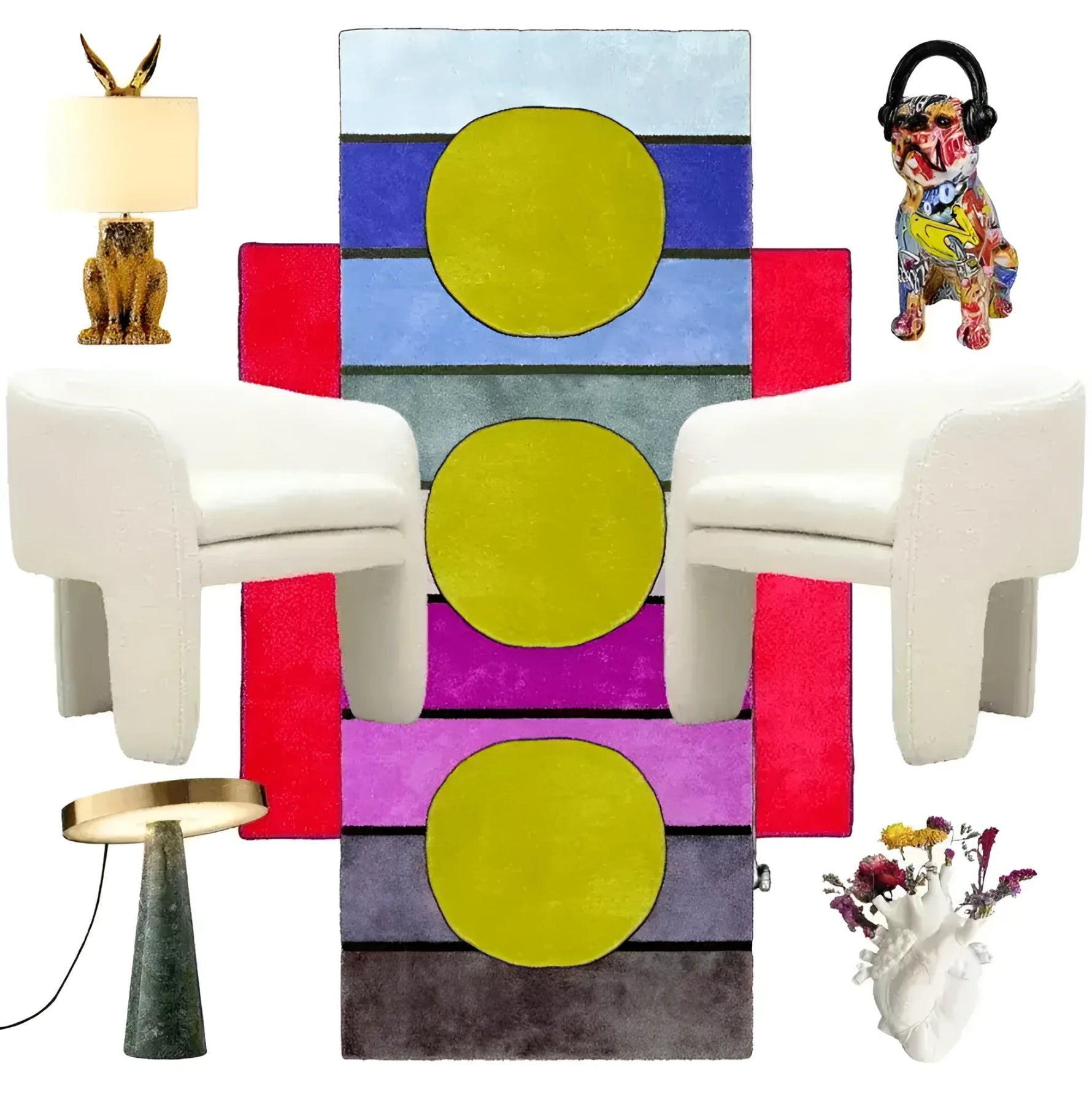 This vibrant area rug features a hand-tufted wool design with three abstract sun and rainbow motifs, perfect for adding a pop of color to any large living room. Flanked by two modern white chairs, the rug is a striking focal point in a contemporary setting. Ideal for those seeking large area rugs with a vintage flair, this wool rug seamlessly blends art and functionality, enhancing the aesthetic of living room spaces.
