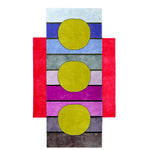 A vibrant hand-tufted wool rug featuring an abstract design with three large yellow circles and colorful rainbow stripes, perfect for adding a bold statement to a living room. This large area rug combines modern artistry with the vintage charm of wool, making it an ideal choice for those seeking unique area rugs for their living space.