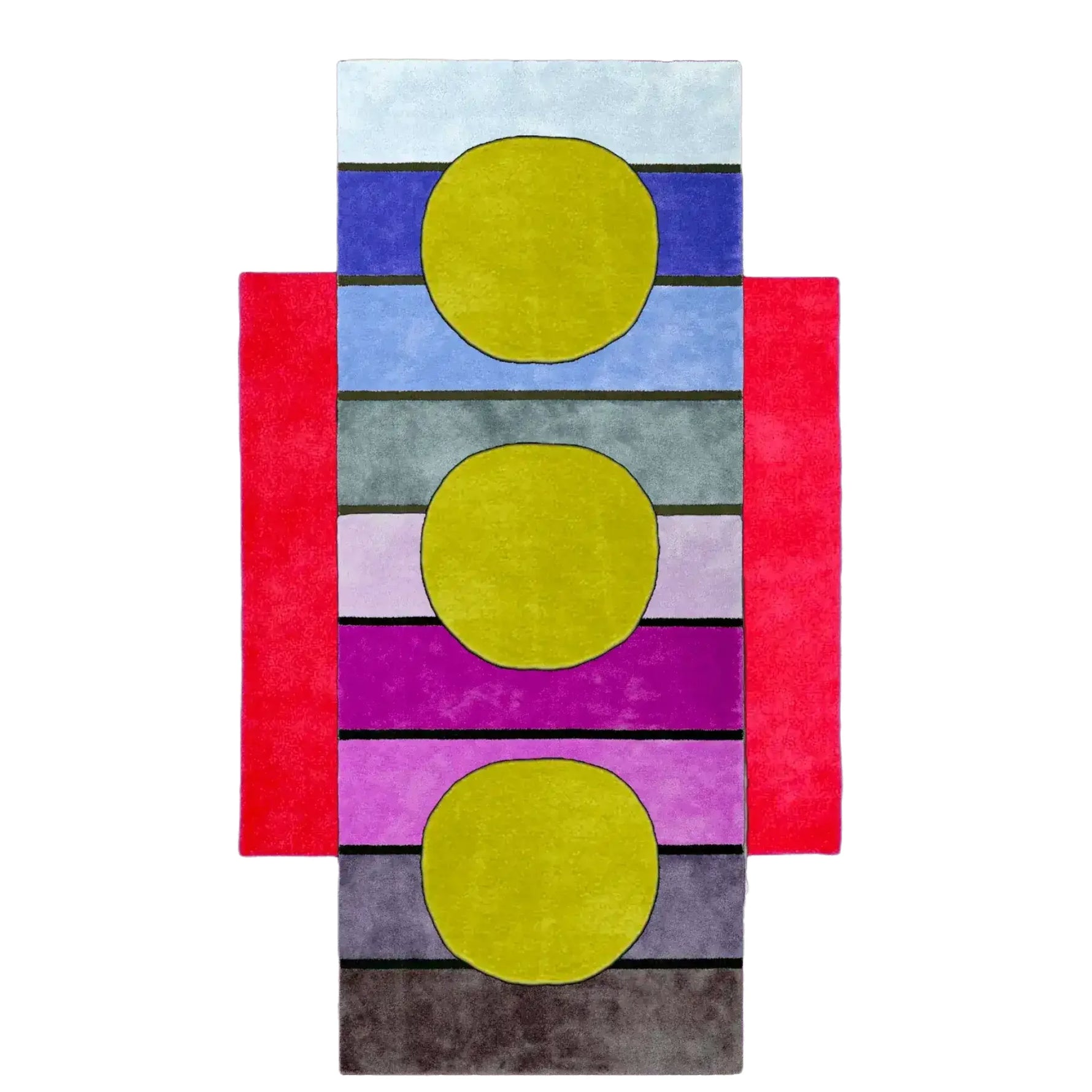 A vibrant hand-tufted wool rug featuring an abstract design with three large yellow circles and colorful rainbow stripes, perfect for adding a bold statement to a living room. This large area rug combines modern artistry with the vintage charm of wool, making it an ideal choice for those seeking unique area rugs for their living space.