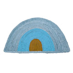 A stylish three-toned half moon jute area rug in soothing shades of blue and brown, perfect for enhancing large living rooms or dining spaces with a boho flair. This round rug adds a natural touch to any living room setting, embodying the rustic charm of jute rugs.