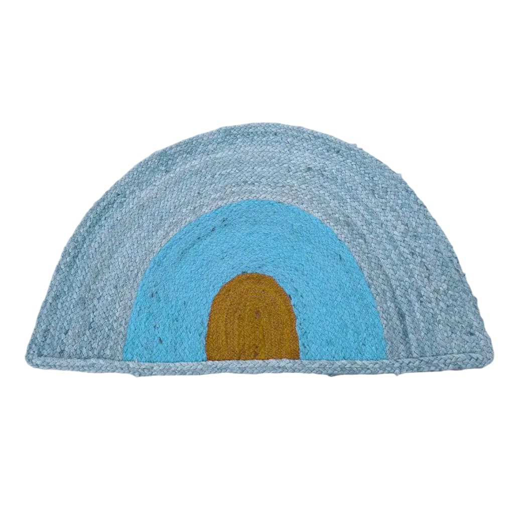 A stylish three-toned half moon jute area rug in soothing shades of blue and brown, perfect for enhancing large living rooms or dining spaces with a boho flair. This round rug adds a natural touch to any living room setting, embodying the rustic charm of jute rugs.