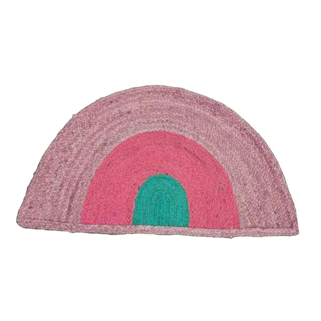 A vibrant three-toned half moon jute area rug in blush, featuring a blend of pink and green hues. Perfect for adding a boho touch to large living rooms or bedrooms, this round rug enhances any space with its unique design.