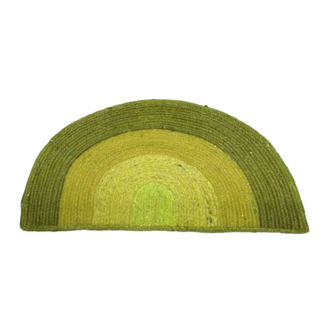 A vibrant three-toned half moon area rug in shades of green, perfect for adding a boho touch to your dining room or living space. This jute rug features a unique rounded design, ideal for use as a dining room carpet or a stylish accent in rugs for living room decor.