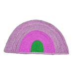 A stylish three-toned half moon accent jute rug in vibrant pink, perfect for adding a boho touch to your dining room or bedroom. This round area rug is ideal for use as a dining table rug or a unique jute rug centerpiece.